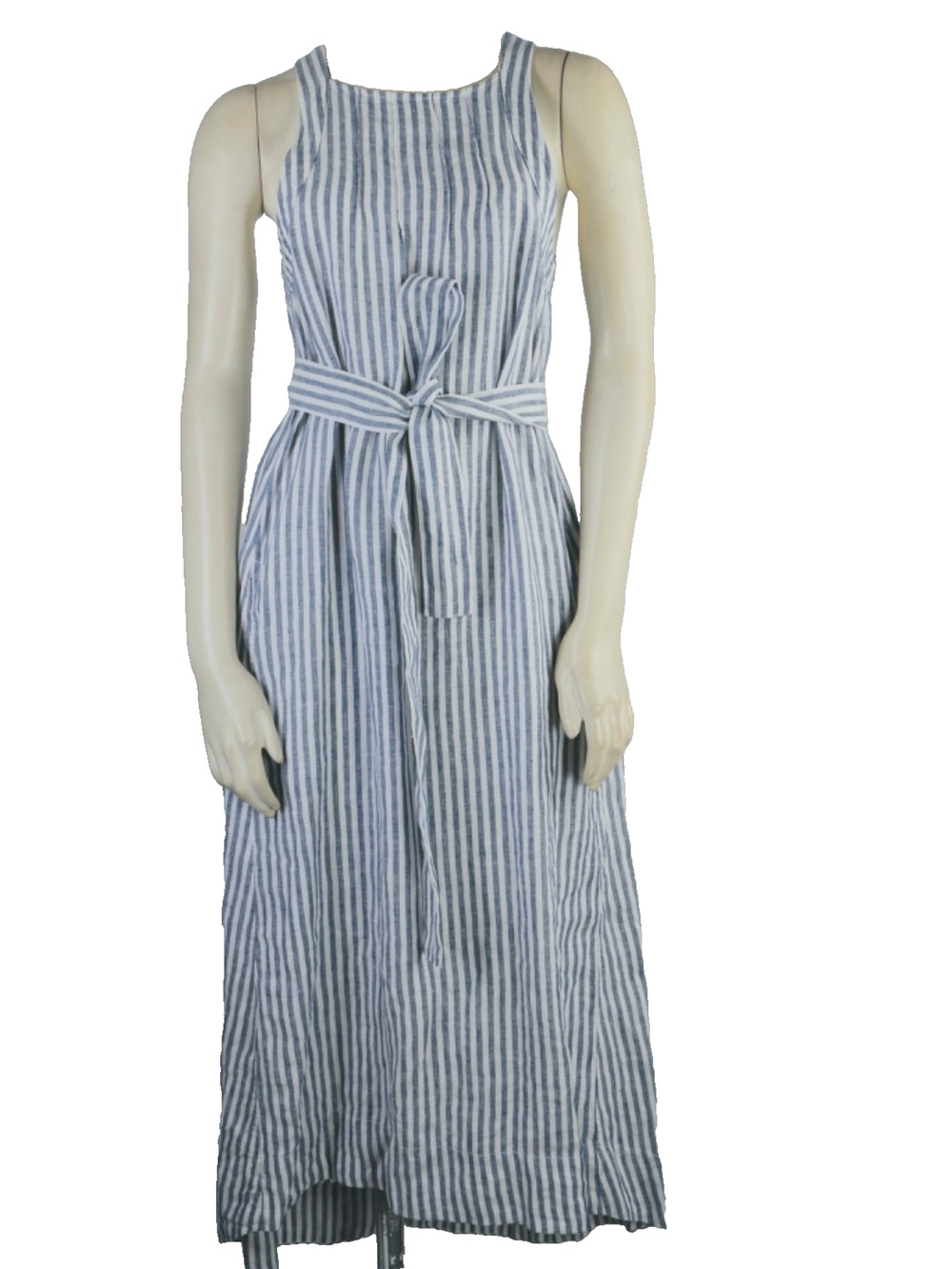 Joie Dress S Blue White Striped Linen Sleeveless Midi Tie Waist Belted Summer